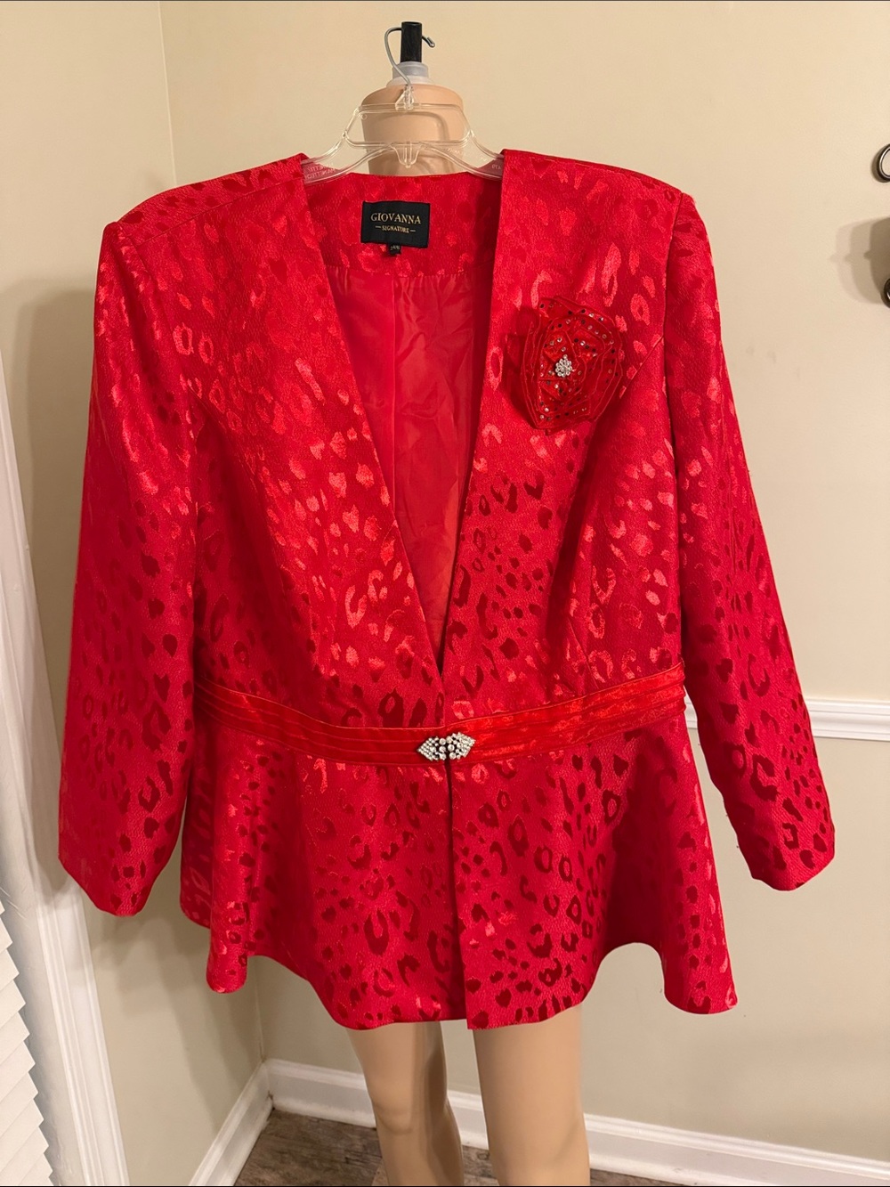 Red Leopard-Print Satin Peplum Blazer with Brooch
